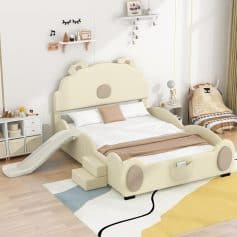 Luxurious children's bed with slide, playful design, and soft upholstery, perfect for a fun and cozy sleep environment in a child's bedroom.