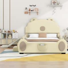Cute children's bed with a playful vehicle design, featuring a slide, cozy bedding, and whimsical decor creating an inviting sleep space for kids.