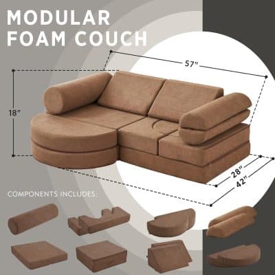 Comfortable modular foam couch with adjustable components, ideal for modern living rooms and home theaters, featuring plush cushions and versatile design options.