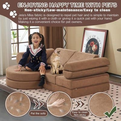 Soft beige pet-friendly sofa with easy-to-clean fabric, perfect for families with pets; features non-sticky, low-maintenance material designed for pet hair repellent.