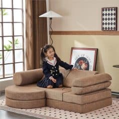 Comfortable sectional sofa with plush cushions in a cozy living room setting for family and kids.