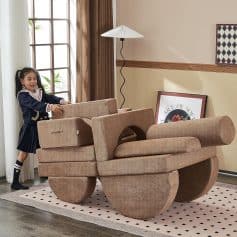 Playful girl moving sofa furniture in living room for kids, child's room, creative furniture design, Monalisa Store opt, modern home decor, children's furniture furniture, playful activity, innovative furniture, interior design, fun home accessories, stylish furniture, kid-friendly living space, playful furniture concept, modern furniture store, creative sofa design, furniture for kids, interior decoration, innovative home furnishings, unique furniture pieces, trendy home accessories.