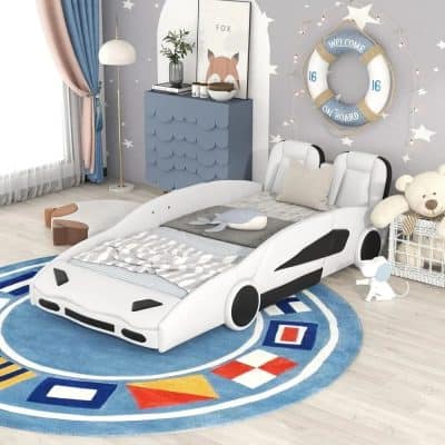 Convertible car bed for kids with race car design, perfect for imaginative play and safe sleep, available at Monalisa Store.