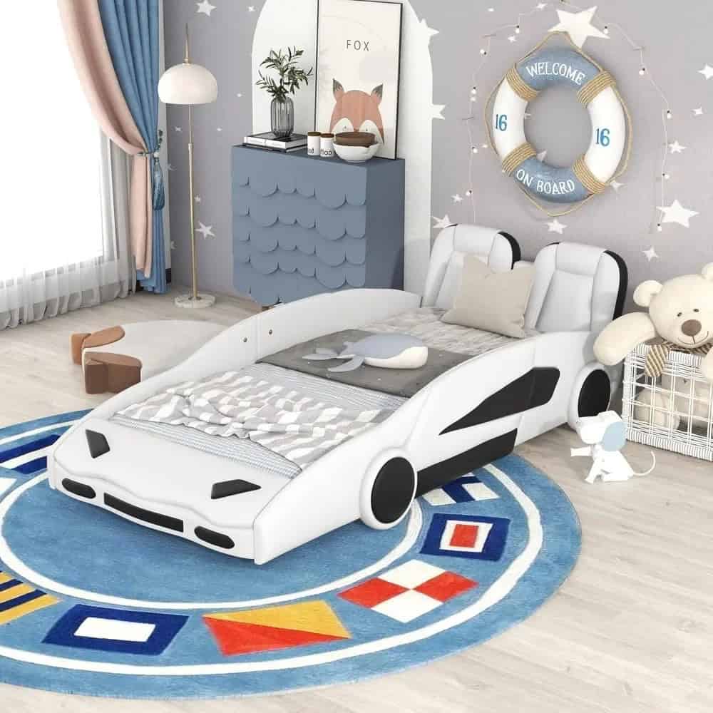 Convertible car bed for kids with race car design, perfect for imaginative play and safe sleep, available at Monalisa Store.