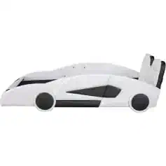 Electric race car bed for kids, designed for a playful and comfortable sleep experience, featuring sleek white and black accents, ideal for children’s bedroom decor.