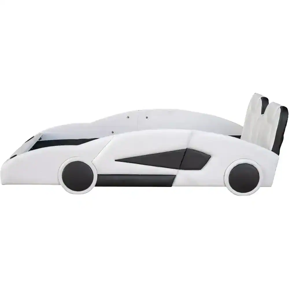 Electric race car bed for kids, designed for a playful and comfortable sleep experience, featuring sleek white and black accents, ideal for children’s bedroom decor.