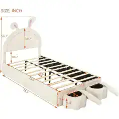 Cute bunny-themed toddler bed with size measurements for kids' bedroom decor and comfort. Perfect for children, combining fun design with practical dimensions for a cozy sleep environment.