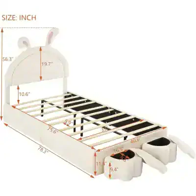 Cute bunny-themed toddler bed with size measurements for kids' bedroom decor and comfort. Perfect for children, combining fun design with practical dimensions for a cozy sleep environment.