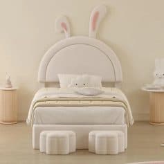 Soft white bunny-themed children’s bed with plush ear and face accents, perfect for kids' bedrooms, featuring adorable bunny decor and cozy bedding for a cute, playful space.