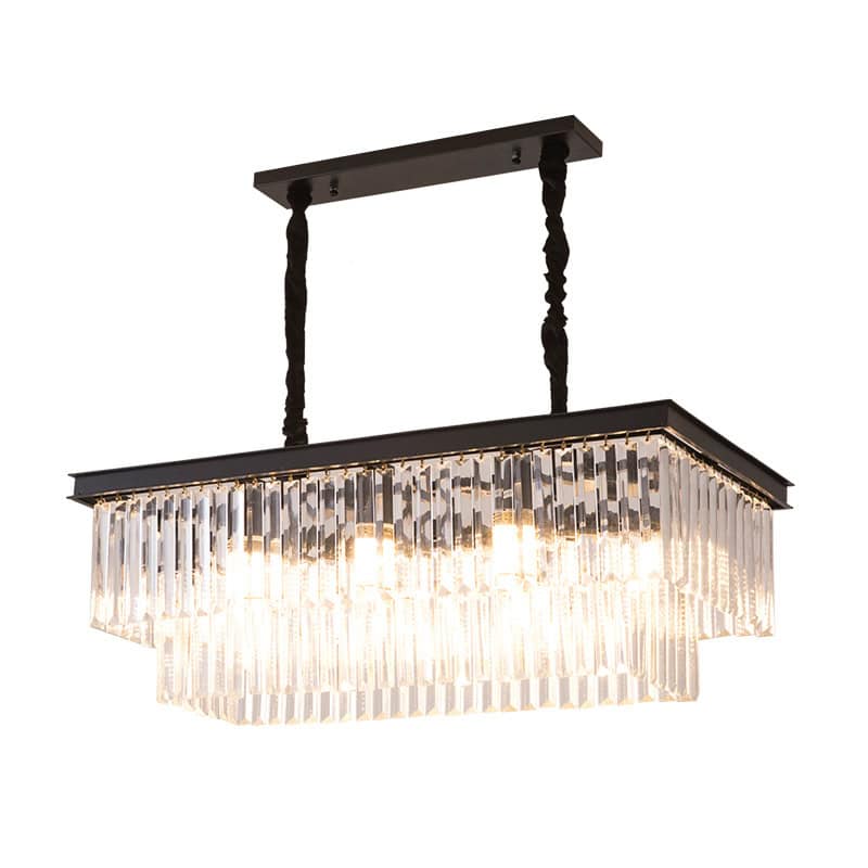 Elegant crystal chandelier with black metal accents, ideal for stylish home decor and lighting needs. Perfect for adding luxurious ambiance to living rooms, dining areas, or entryways.