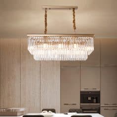 Elegant modern chandelier with crystal accents, ideal for upscale dining rooms and kitchens. Perfect for enhancing contemporary interior lighting and home decor.
