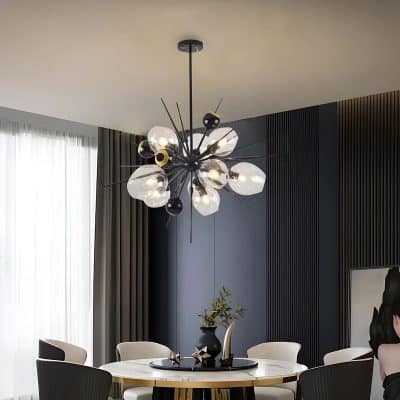 Luxury modern chandelier with glass and black accents in elegant dining room setting for Monalisa Store opt.