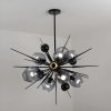 Black modern chandelier with multiple glass globes and metal rods for stylish interior lighting.