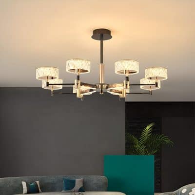 Elegant modern chandelier with multiple light fixtures, ideal for stylish living rooms or bedrooms, enhancing ambient lighting and interior decor.