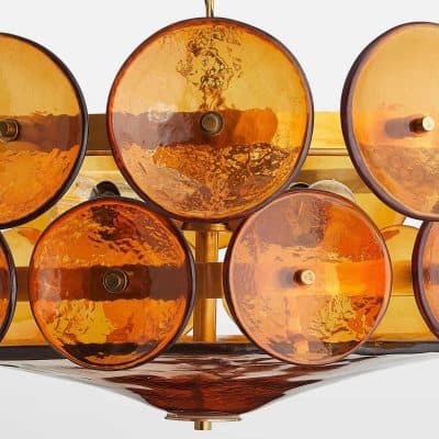 Vintage amber glass ceiling lamp with multiple shades, modern chandelier lighting fixture, warm-toned interior decor, decorative lighting for stylish home or office, Monalisa Store.