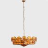 Elegant amber-colored chandelier with a modern circular design, ideal for stylish interior decor and enhancing ambient lighting in living rooms or dining areas.