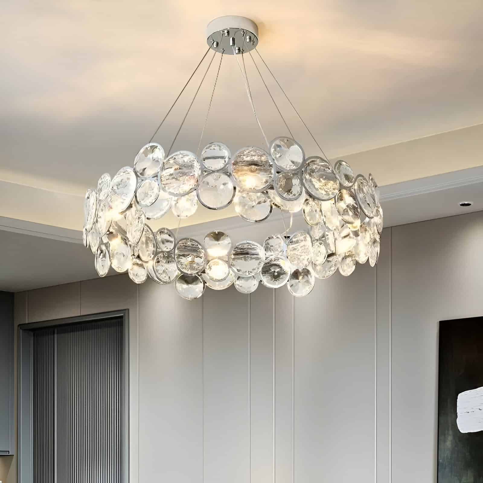 Elegant modern crystal chandelier featuring multiple clear glass orbs, ideal for enhancing luxury interior spaces and lighting in upscale residences or commercial settings.