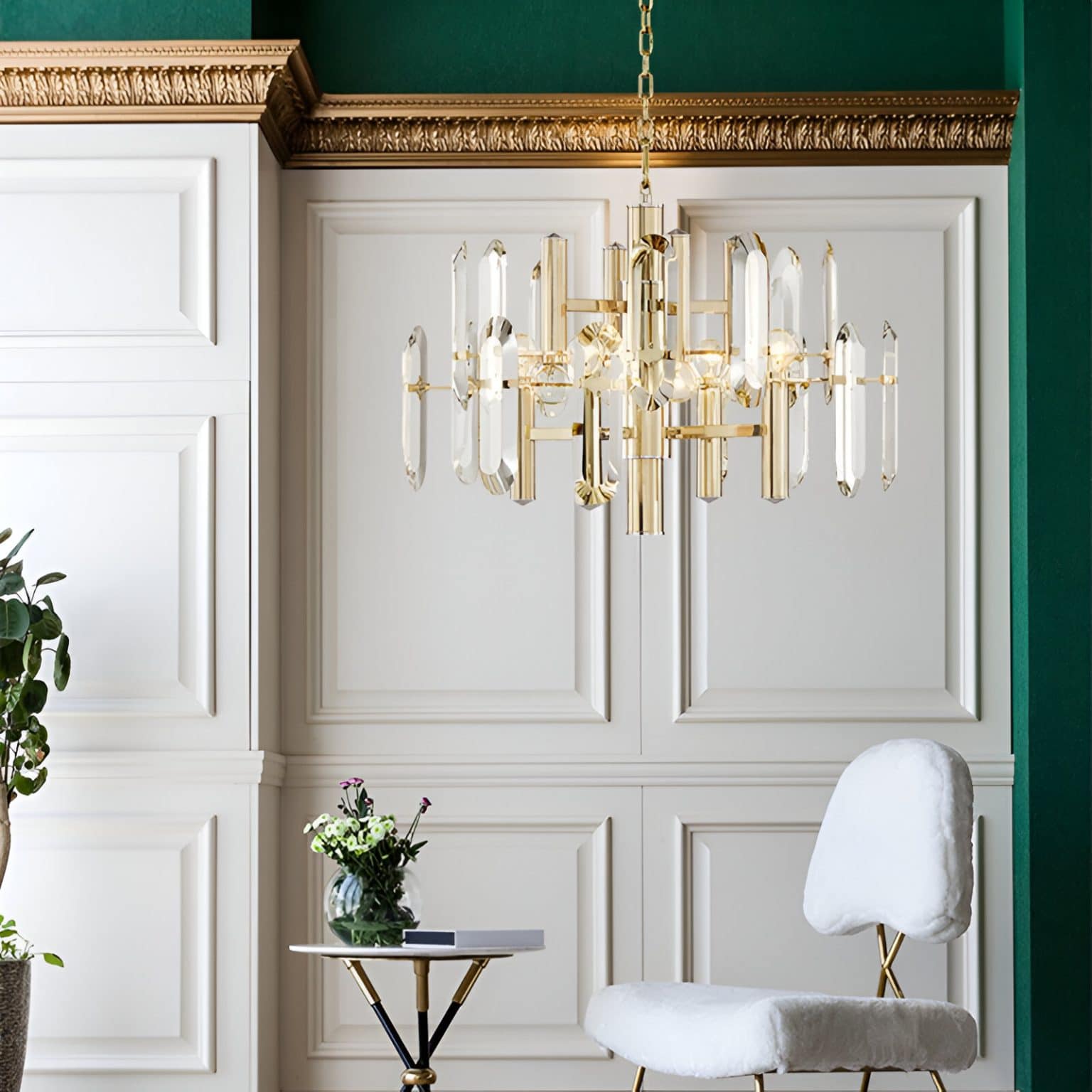 Elegant Monalisa Medical Store interior with luxurious chandelier, sophisticated wall paneling, stylish chair, and decorative plants, showcasing high-end medical and aesthetic clinic design.