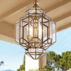 Modern geometric outdoor chandelier with gold accents, perfect for enhancing patio and garden lighting.