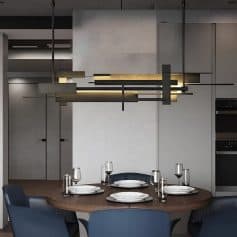 Modern dining area with elegant table setting and contemporary interior design. Perfect for a stylish home or luxury apartment, showcasing minimalist decor and sophisticated lighting.