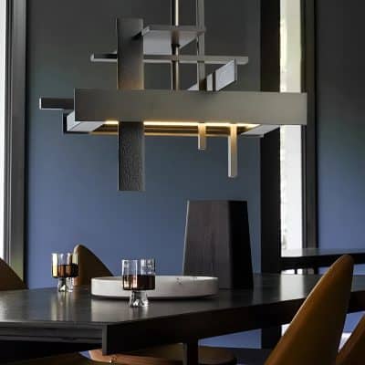 Modern contemporary chandelier with geometric design for stylish interior lighting in optometry and medical clinic spaces.