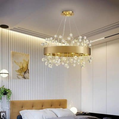 Elegant modern bedroom with luxurious chandelier, neutral tones, and sleek design, perfect for sophisticated interior decor.