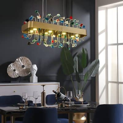 Luxurious modern chandelier with colorful glass accents, perfect for upscale dining rooms, enhances interior design elegance.