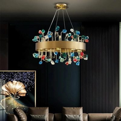 Elegant modern chandelier with colorful glass accents, perfect for luxurious living room decor.