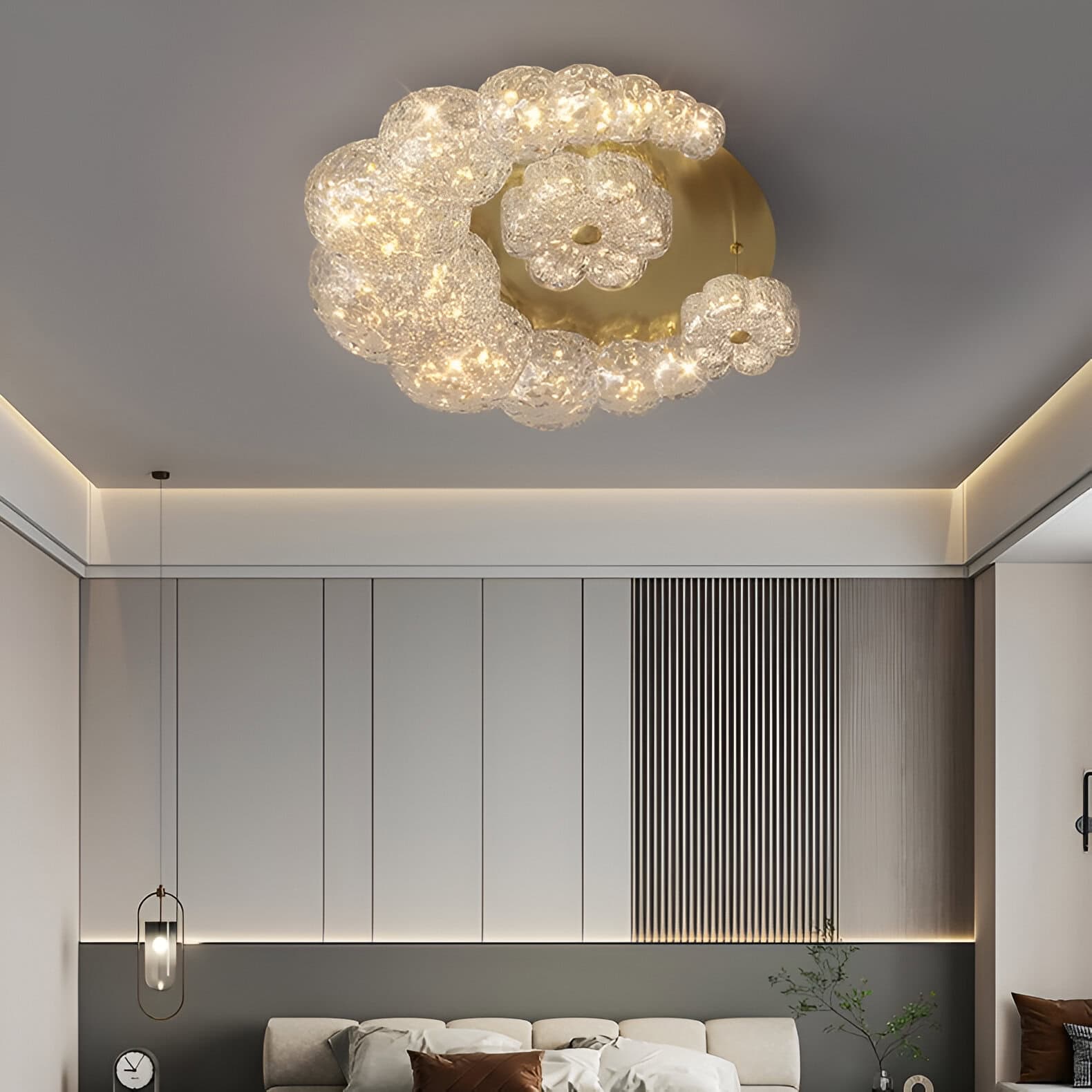 Elegant crystal ceiling chandelier with warm lighting for modern interior decor in Monalisa Store.