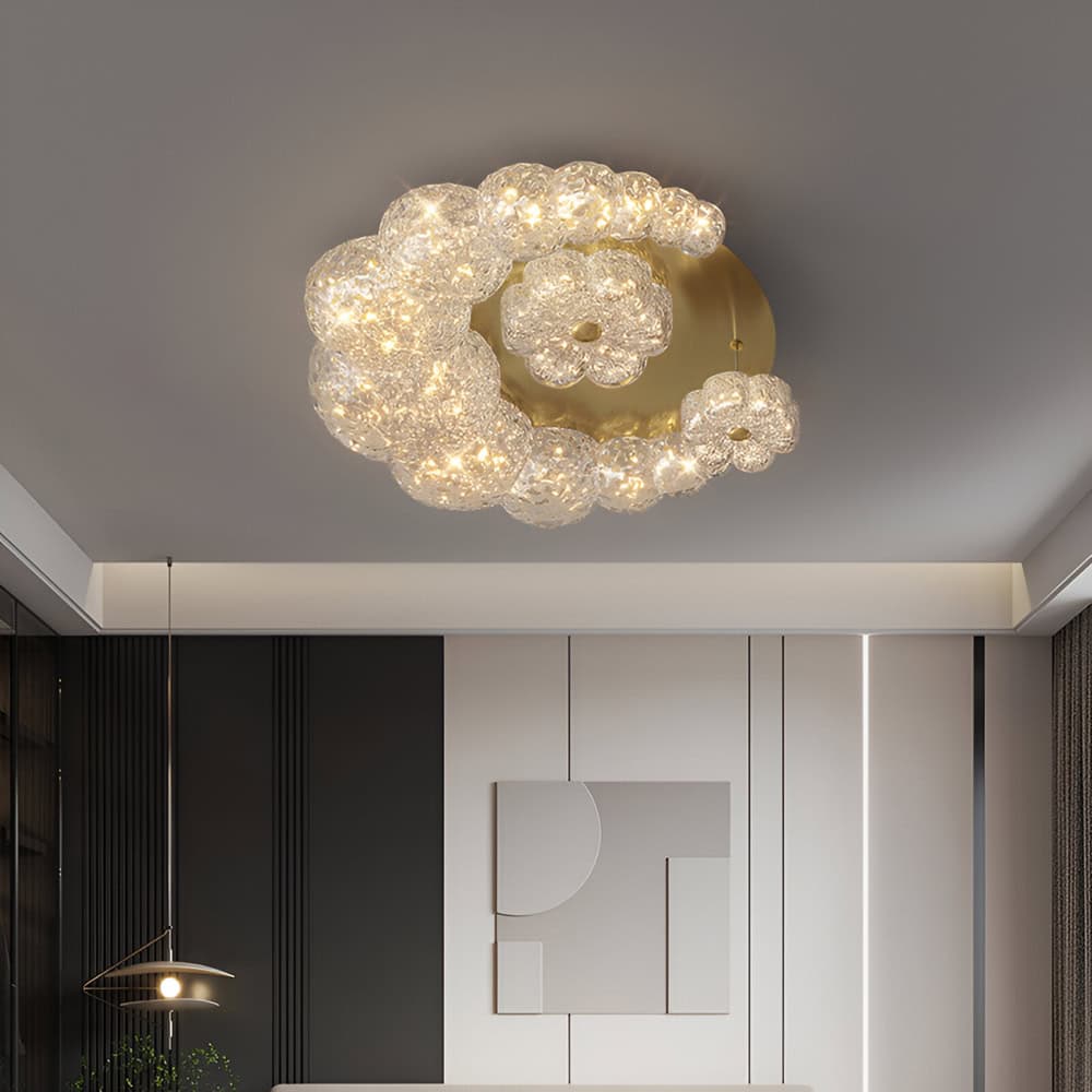 Elegant modern chandelier with crystal bubble design, ideal for luxury interior lighting and decor. Perfect for living rooms or upscale commercial spaces.