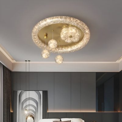 Elegant modern chandelier with crystal accents in a luxury bedroom, enhancing interior decor and lighting ambiance.