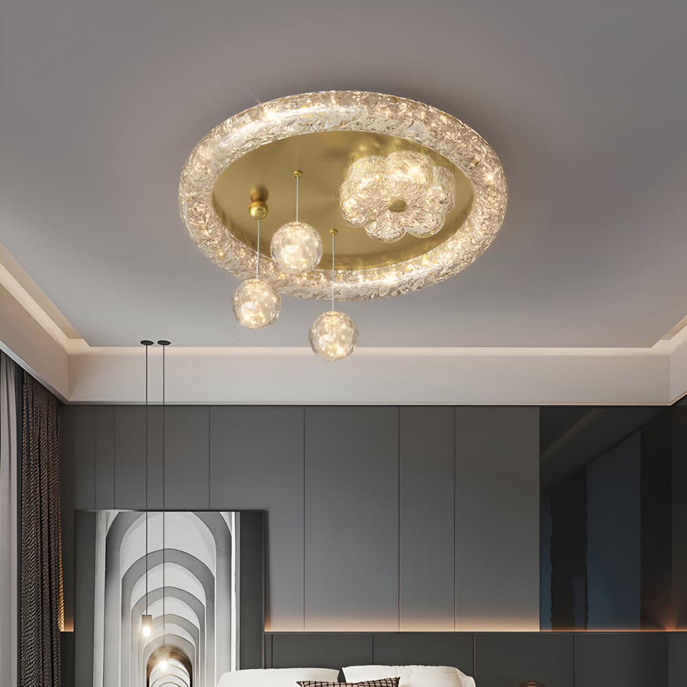 Elegant modern chandelier with crystal accents in a luxury bedroom, enhancing interior decor and lighting ambiance.