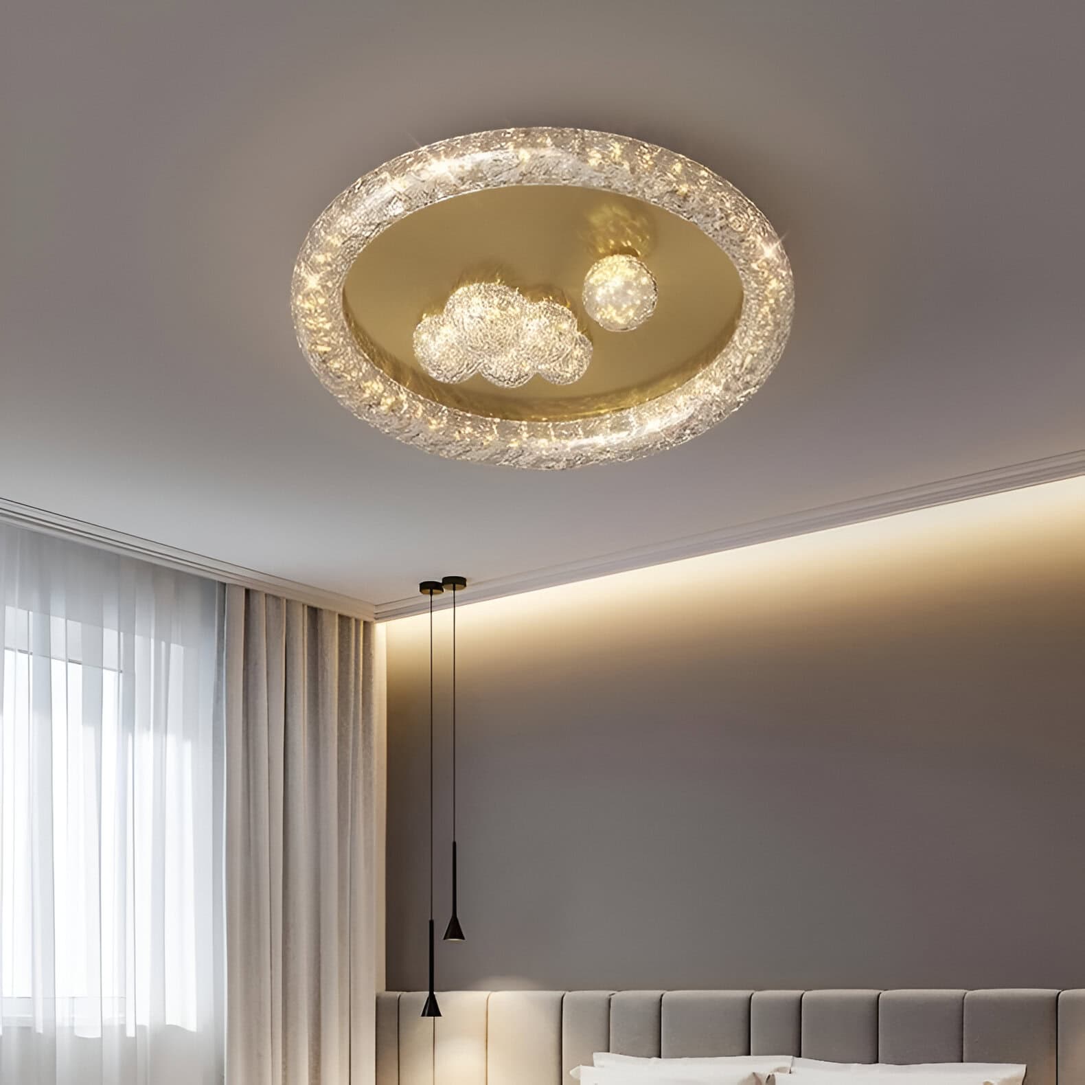 Elegant modern ceiling light fixture with crystal accents, illuminating a stylish bedroom interior. Perfect for enhancing luxury and ambiance in upscale interior spaces.
