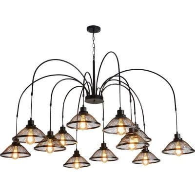 Modern industrial chandelier with multiple hanging wire mesh shades, perfect for stylish lighting in home or commercial spaces. Unique design from Monalisa Medical Store.