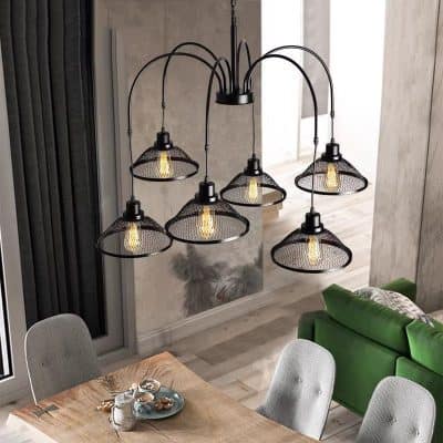 Modern industrial pendant light fixture with six black wire mesh lampshades in a contemporary dining room setting at Monalisa Store, enhancing stylish interior lighting.