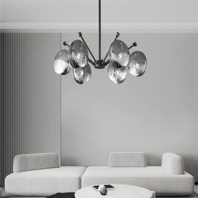 Stylish modern chandelier with chrome finish, perfect for enhancing contemporary living room decor and creating optimal lighting for eye health and vision care.
