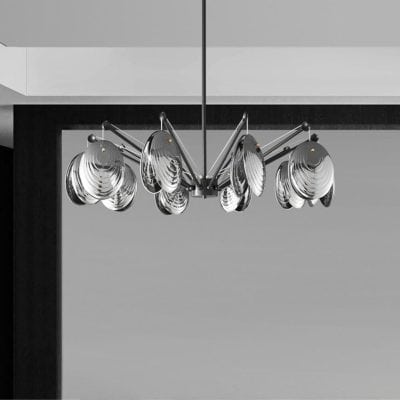 Contemporary chrome multi-arm chandelier with reflective round disks, modern interior lighting fixture, sleek stylish ceiling light, luxurious decor for living spaces, Monalisa Store.