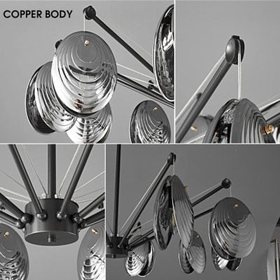 Elegant modern chandelier with chrome and black accents, perfect for stylish interior lighting. Monalisa Store offers high-quality lighting fixtures for contemporary home decor.