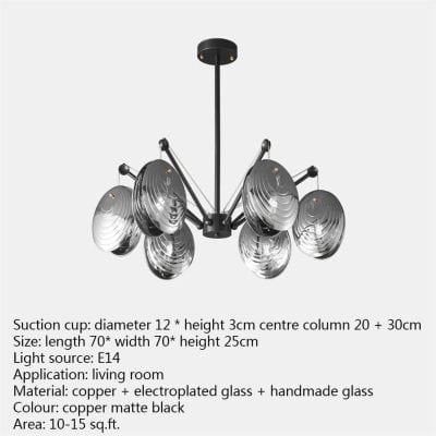 Modern black and copper chandelier with multiple electroplated glass shades, ideal for living rooms, offering stylish lighting for 10-15 sq.ft., featuring E14 light source and handmade glass design.