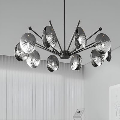 Modern chandelier with reflective metallic shades in a contemporary Monalisa Store interior.