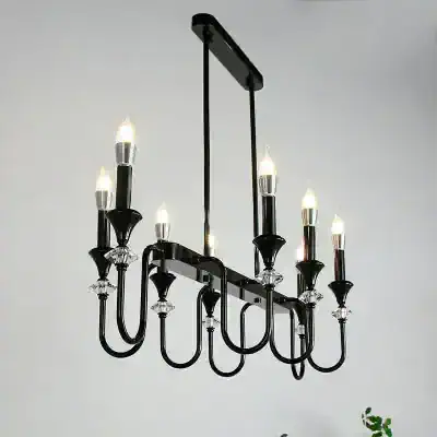 Black modern chandelier with multiple candle-style lights and decorative glass accents, ideal for elegant dining rooms or living areas. Perfect for enhancing luxury interior decor and lighting.