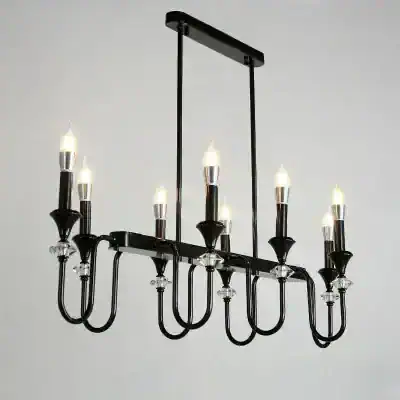 Chic black modern chandelier with candle-style lights and crystal accents, ideal for stylish living rooms, dining areas, or elegant spaces. Perfect for enhancing home decor and lighting ambiance.