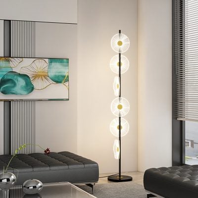 Modern floor lamp with multiple circular light fixtures in a contemporary living room, stylish design, perfect for home decor and interior lighting, Monalisa Store vision for elegant space illumination.