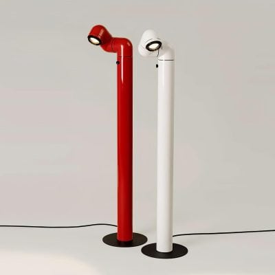 Sleek modern standing lamps in red and white colors, ideal for contemporary interior decor and revolving around stylish lighting solutions for homes and offices.