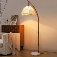 Floor lamp with beige lampshade and marble base, modern living room lighting, stylish interior decor for home or office.