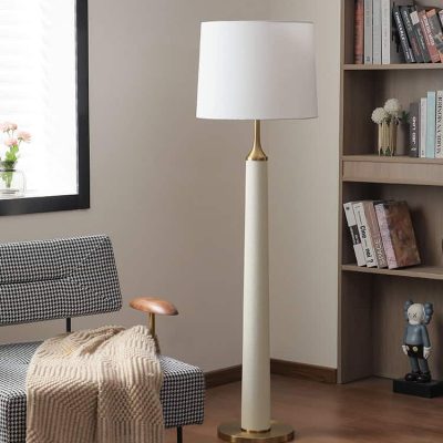 Modern floor lamp with white shade and gold accents in a cozy living space featuring a black and white houndstooth armchair, wooden bookshelf with books and decorative items, and natural light from a nearby window.