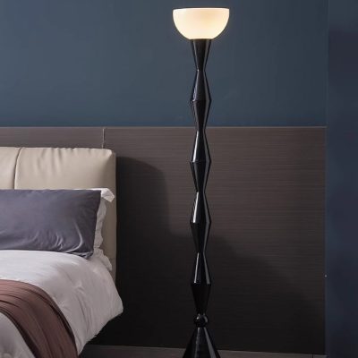 Stylish modern floor lamp in black with white lampshade enhances bedroom decor and lighting. Perfect for a contemporary bedroom, offering elegant illumination and aesthetic appeal.