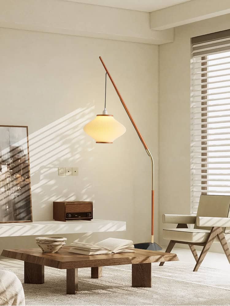 Modern stylish living room with unique floor lamp, minimalist design, natural sunlight, cozy furniture, and elegant decor for home interior inspiration.