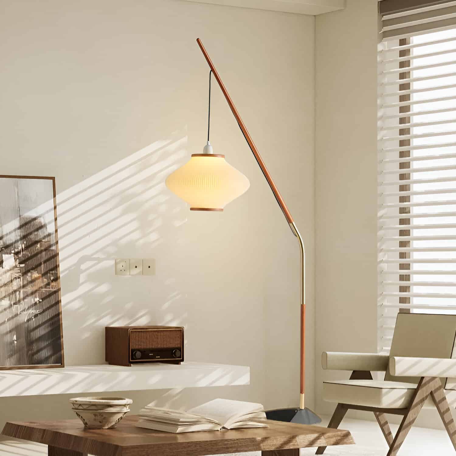 Sleek modern floor lamp with adjustable stand in a contemporary living room setting, emphasizing stylish interior lighting solutions.