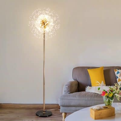 Sparkling dandelion floor lamp with warm glow for modern living room decor.